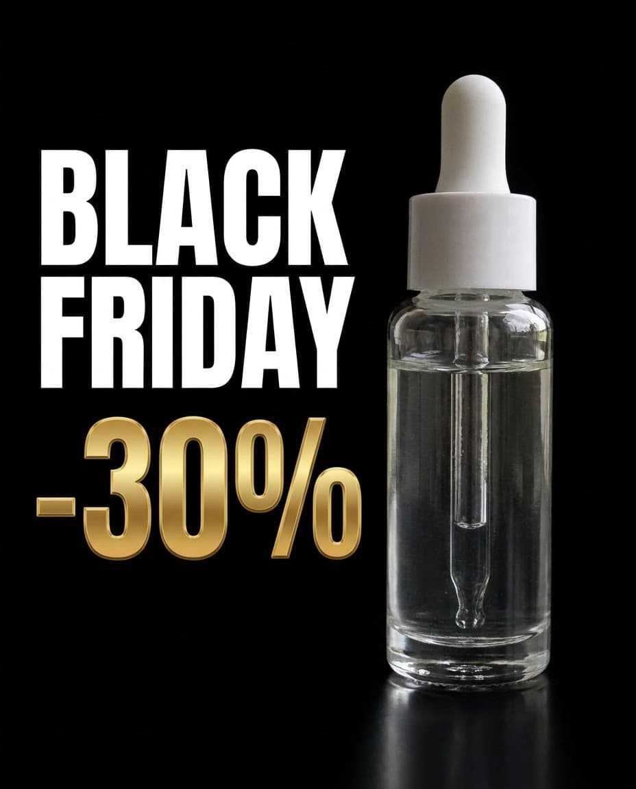 בקבוק סרום על רקע שחור עם הכיתוב BLACK FRIDAY והנחה של 30% בזהב, מודעה שנוצרה ב-IsraModel AI