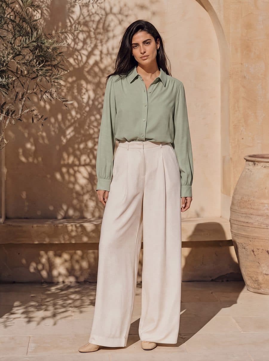 The same model in the same pose and courtyard, now wearing the green button-up shirt